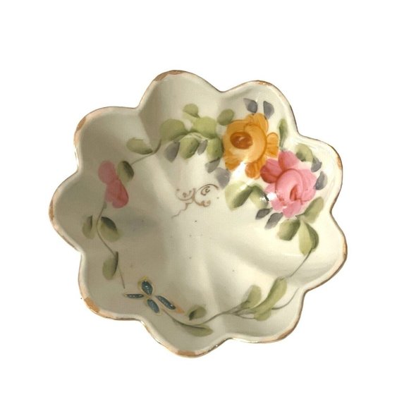 Hand Painted Finger Bowl With Floral Detail, Footed, Scalloped, Vintage Japan - Picture 10 of 10